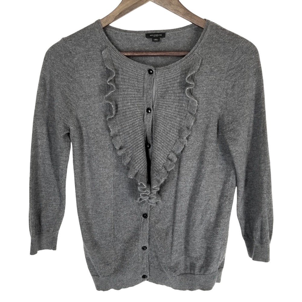 Ann Taylor‎ Grey Ruffle Front Cardigan Sweater Women's XS Wool Silk Cashmere
